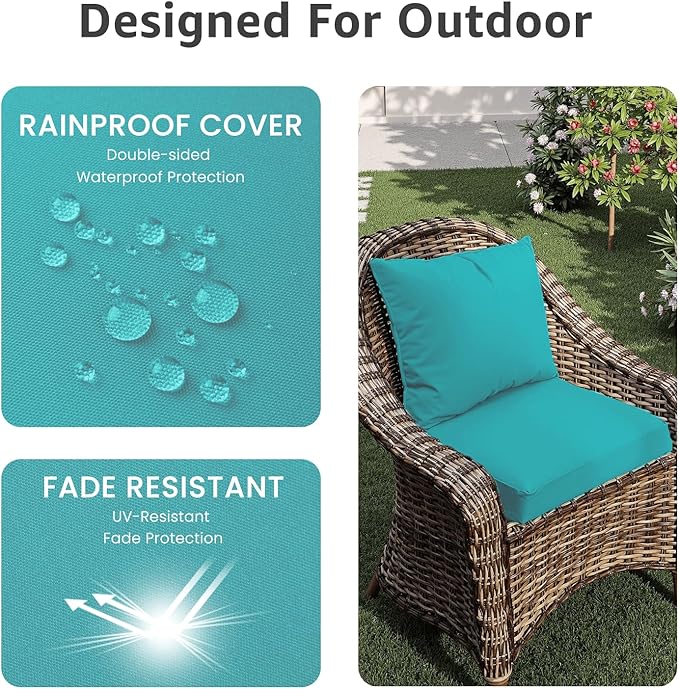 PatioGlow Outdoor Chair Cushions 22 x 22 x 3 Inch, Waterproof & Fade Resistant Patio Seat Cushion for Furniture with Handle and Ties, Thick Seating Pads for Outside Sofa Couch Set of 2, Teal