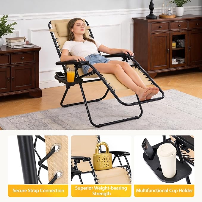 NEWBULIG Zero Gravity Chairs Set of 2, Lounge Chair Folding Portable Adjustable Camping Recliner with Adjustable Pollow, Mesh Back, Cup Holder Trays Lawn Patio Chair for Pool Beach