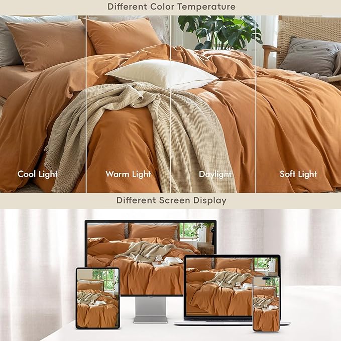 MooMee Bedding Duvet Cover Set 100% Washed Cotton Linen Like Textured Breathable Durable Soft Comfy (Solid Burnt Orange, Full 80"x90")