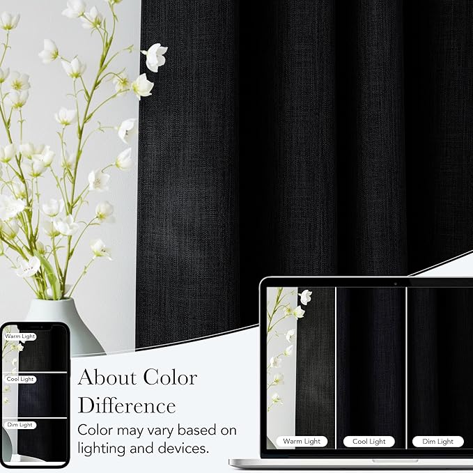 NICETOWN Black Faux Linen Room Darkening Rod Pocket Curtains 63 inch Length