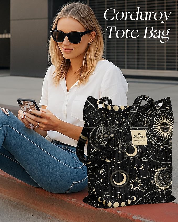 Miss Adola Corduroy Tote Bag for Women - Reusable Totes with Magnetic Buckle & Pocket Aesthetic Design Work Grocery Bags
