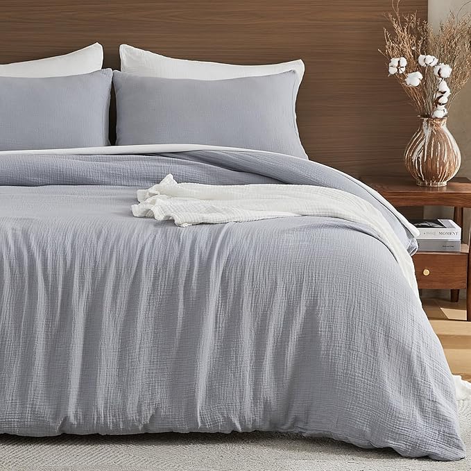 EMME Muslin Cotton Duvet Cover Set Light Grey Queen Size Linen Like Soft Breathable Lightweight Summer Comforter Cover Set with Zipper Closure (Light Grey, Queen, 90"x90")