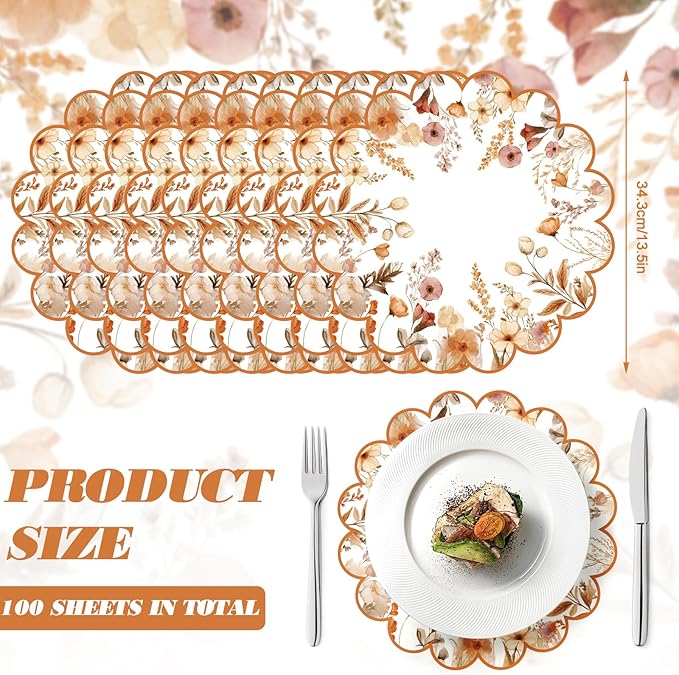 100 Pcs Fall Floral Paper Placemats Scalloped Boho Flower Paper Placemats Disposable Seasonal Wildflower Place Mats for Autumn Wedding Bridal Baby Shower Thanksgiving Harvest Party Supplies