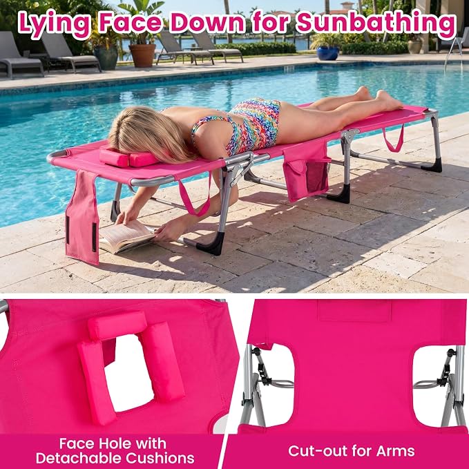 Goplus Tanning Chair, Folding Adjustable Patio Lounge Chair with Face Hole, Removable Pillow, 330LBS, Carry Strap, Outdoor Sunbathing Chair, Lightweight Portable Beach Lounge Chair, No Assembly
