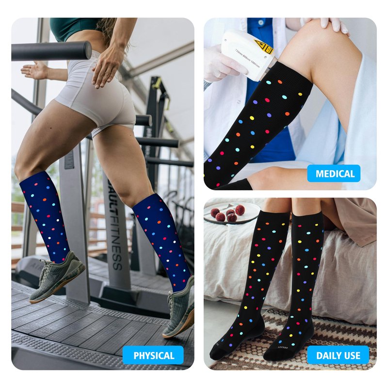 LEVSOX Cotton Compression Socks for Women&Men 20-30 mmHg Knee High Cute Fun Crazy Support Sock for Nurses, Travel and Flight, Pregnancy, 2 Pairs, Black and Navy Blue Polkadot