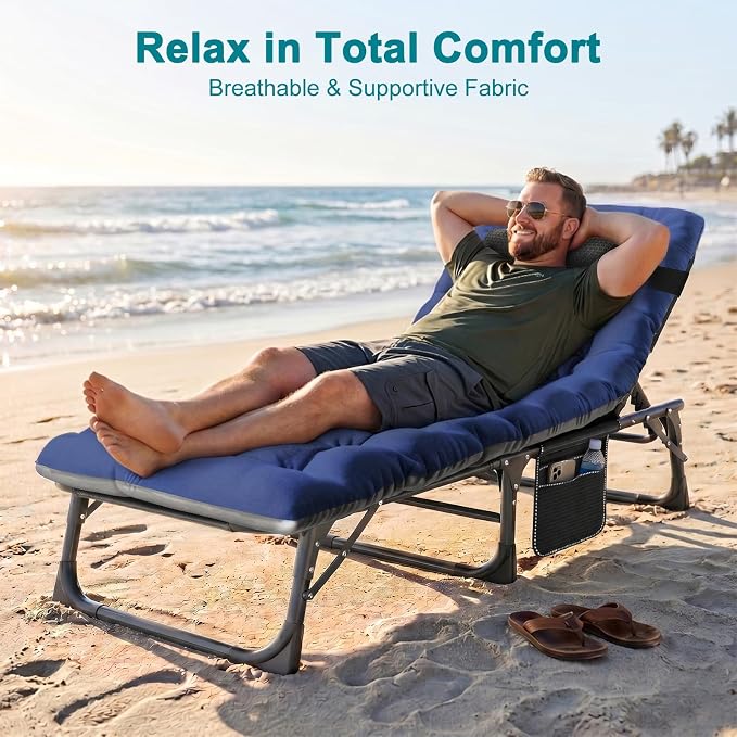 ABORON Tanning Chairs, 2 Pack, 5-Position Padded Folding Loungers | Set of 2 folding chaise lounges with 5-position backs, padded mats and pillows; supports up to 500 lb per chair.