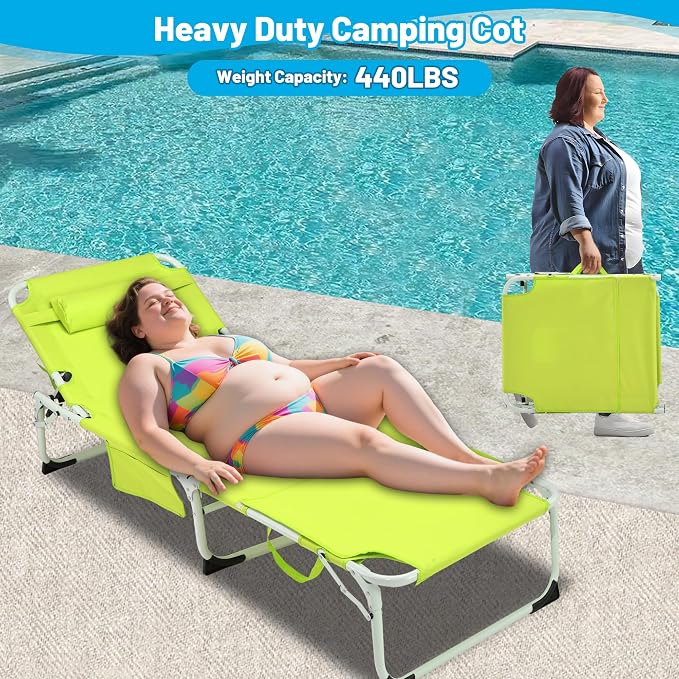 Outdoor Chaise Lounge with Detachable Pillow, Reclining Folding Chair with 5-Position Adjustable Back, Portable Tanning Chair For Beach, Pool, Lawn, Breathable Mesh Seat, No Assembly (Green 3)