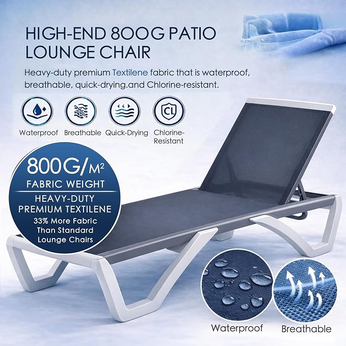 Kozyard Outdoor Chaise Lounge Chair Set, Fully Flat Adjustable Patio Lounger with Aluminum Frame & Resin Legs, Textilene Fabric for Poolside, Backyard & Beach (Gray, Chair + Table)