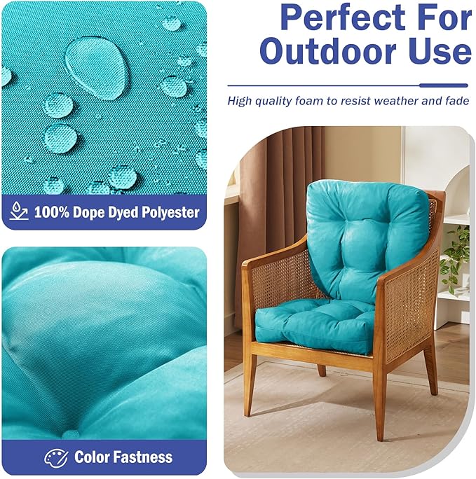 IPYNBAP Outdoor Chair Cushions Set of 2, Patio Chair Cushions with Ties, 19x19+5” Tufted Outdoor Seat Cushions, Waterproof Patio Furniture Cushions, Outdoor Dining Chair Pads, Teal