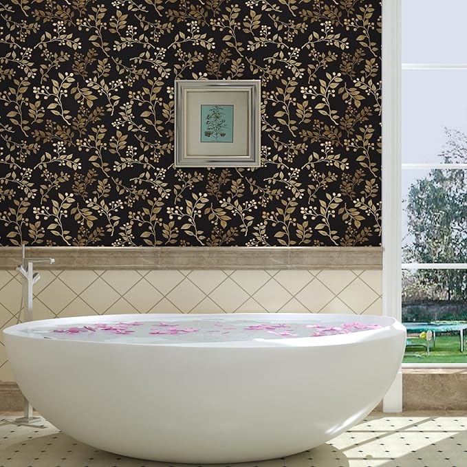 Dark Floral Peel and Stick Wallpaper, Vintage Gold Leaf Self-Adhesive Contact