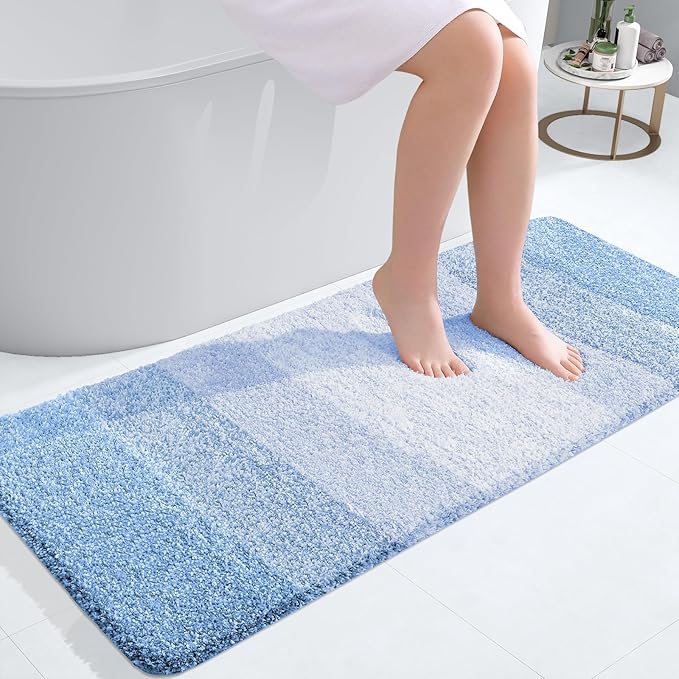 OLANLY Bathroom Rugs Mat 47x20, Extra Soft Absorbent Microfiber Bath Rugs, Rubber Backing, Quick Dry, Machine Washable Bath Mats for Bathroom Floor, Tub and Shower, Home Decor Accessories, Light Blue