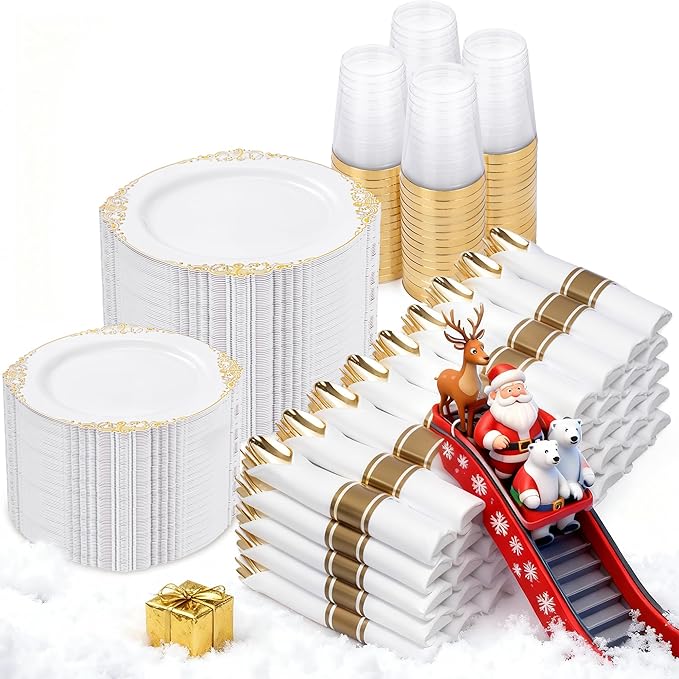 Nervure 700PCS Gold Plastic Plates - Gold Plastic Dinnerware Sets for 100 Guests - 200 Disposable Plates, 300 Silverware, 100 Cups, 100 Napkins for Wedding & Party & Thanksgiving