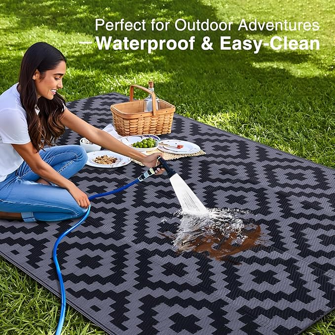 OLANLY Waterproof Outdoor Rug 4x6 ft, Outdoor Plastic Straw Rug for Camping, RV Mat Outside, Indoor Outdoor Carpet for Porch, Deck, Backyard, Balcony, Picnic, Black & Grey