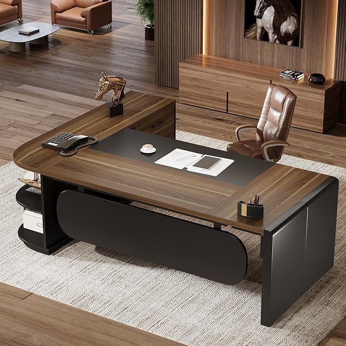 Tribesigns 80'' L-Shaped Desk Set of 6, Large Executive Office Desk with 55'' Drawers Cabinet, Modern Computer Table with Storage Shelves, Business Furniture for Office, Brown