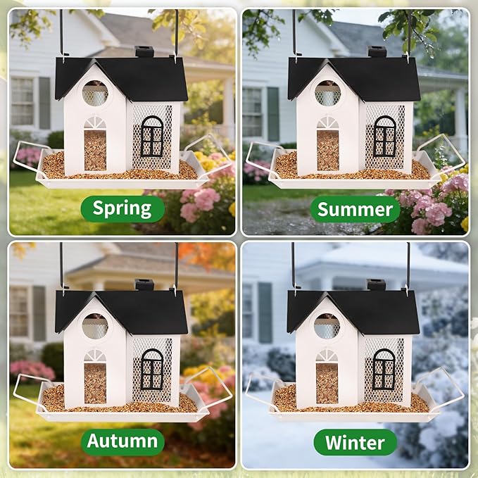 Solar Bird Feeder for Outdoors – White Metal Hanging Bird Feeder with Solar Light, Decorative Bird House Feeder for Cardinals, Finches, and Wild Birds, Weatherproof Backyard Garden Decor
