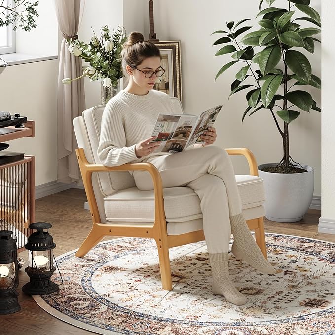 Mid-Century Accent Chair with Solid Wood Frame, Reading Relaxing Armchair Lumbar Pillow& Soft Cushion, Leisure Chair for Living Room, Bedroom, Waiting Room-Beige