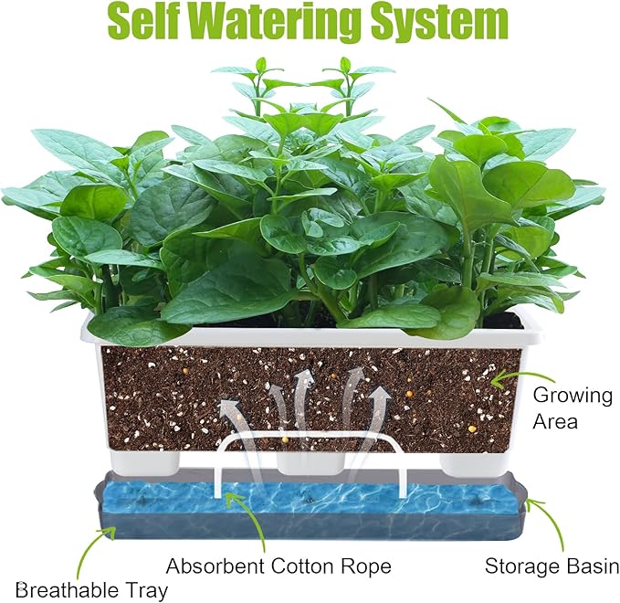 Oliz Window Box Planter 8 Pcs, 17 Inches Rectangle Flower Pots with Drainage Holes & Trays, Vegetable Planters for Windowsill Patio Garden Balcony Home Indoor Outdoor (White, 16 * 7 * 6 inch)
