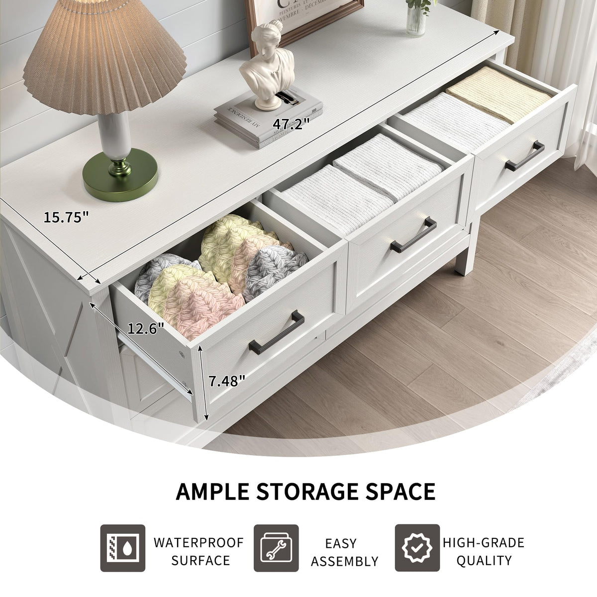 BAZELOR Farmhouse Dresser for Bedroom, 7 Drawers Dresser with Natural Texture, Wood Rustic Wide Chest for Bedroom, Hallway, Entryway, White