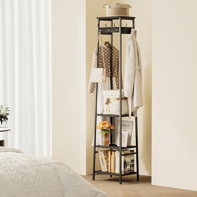 Coat Rack Freestanding, Coat Stand with 3 Shelves and 7 Hooks, Hall Tree Free Standing, Clothes Rack Stand Organizer for Bedroom, Hallway, Entryway, Living Room, Industrial Style, Black