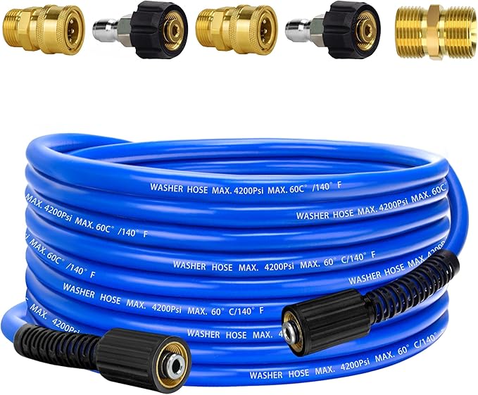 Pressure Power Washer Hose 30 FT x 1/4", Super Flexible Kink Resistant Car Washer Replacement with M22 Fittings & 3/8" Quick Connect Adapters for Ryobi Troy Bilt Flexzilla Greenworks & More, 4200PSI
