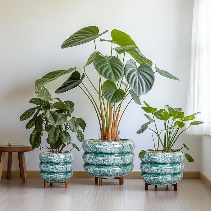 SQOWL Ceramic Planter for Indoor Plants 13.5 Inch - Large Plant Pot with Drainage Hole Outdoor Flower Pot Round Planter Decorative Plant Pot for Garden Bathroom Decor Green