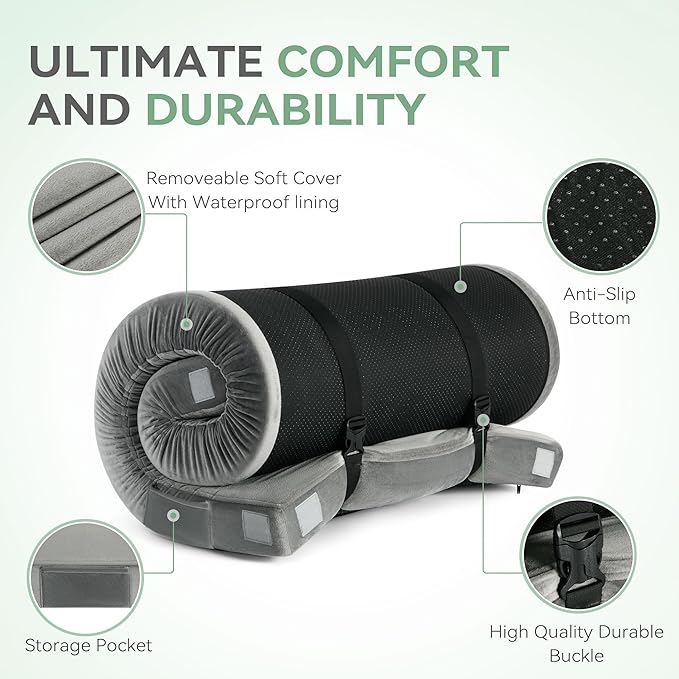 Sinweek Memory Foam Camping Mattress CertiPUR-US Waterproof Portable Roll Up Mattress for Adults Cot Mattress Car Van Sleeping Mat Pad with Carrying Bag