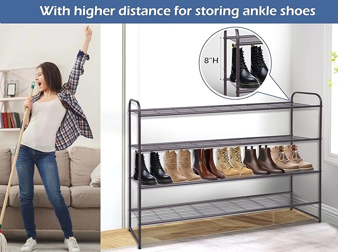 KEETDY 4-Tier Long Shoe Rack for Closet Floor, Wide Shoe Organizer Storage, Stackable Shoe Rack for Entryway Metal Shoe Shelf for 30 Pairs Men Sneakers with Wire Grid for Bedroom, Bronze