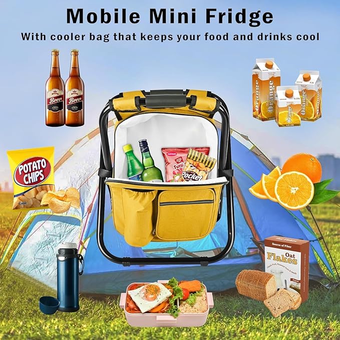 Kikerike Backpack Stool Cooler Chair Heavy Duty 300 LBS Max Load Portable Lightweight Stool Backpack Folding Fishing Cooler Seat for Camping Hunting Fishing - Yellow