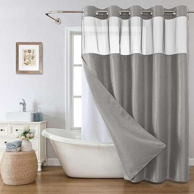 No Hook Waffle Weave Shower Curtain with Snap-in Fabric Liner Set,Grey Shower Curtains for Bathroom with See Through Top Window,Water Repellent & Washable,71Wx74H,Gray