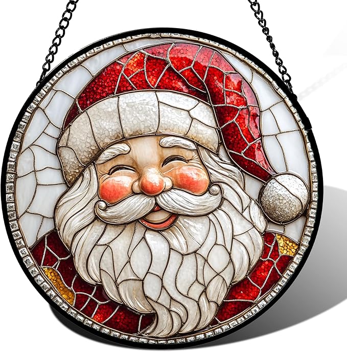 Stained Glass Window Hanging - Red White Santa Claus Suncatcher for Doors Home Christmas Decoration Winter Sun Catcher Thanksgiving New Year Birthday Gifts for Women Men Mom Nana Girl 7.8 in