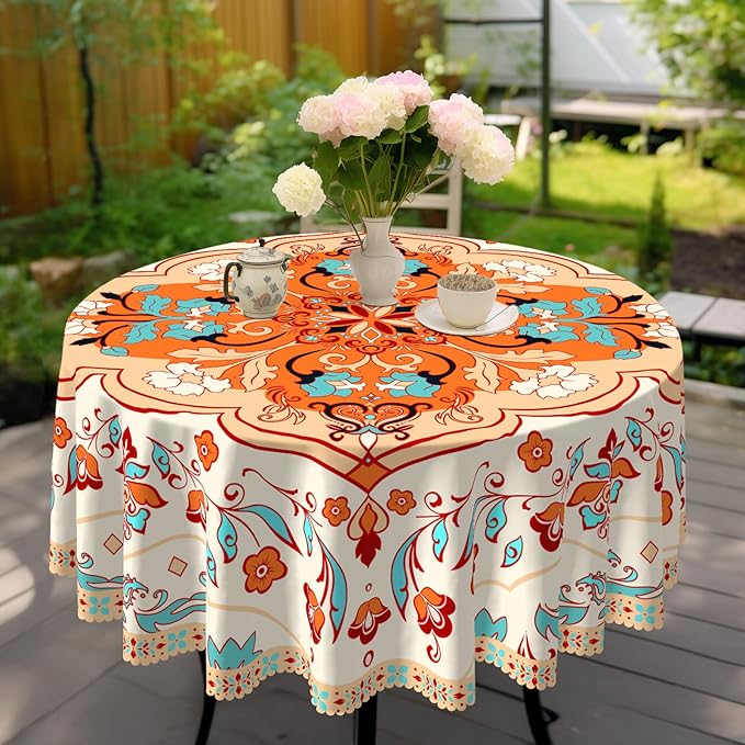 Eikione Bohemia Round Tablecloth 70inch,Table Cloth Waterproof and Wrinkle-Free, Boho Table Covers, Summer Decorations for Home
