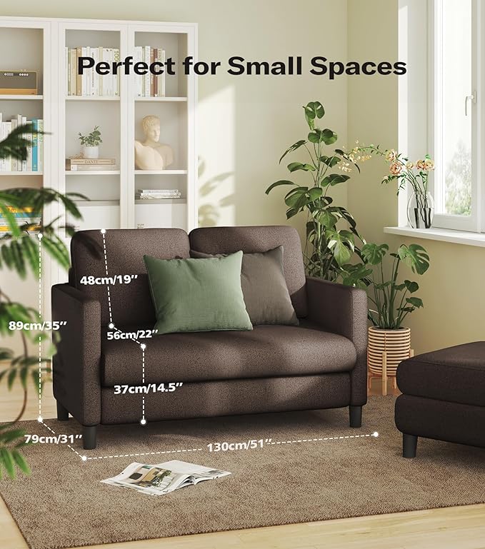 Loveseat Sofa, 51" Love Seat, Comfy Teddy Small Loveseat for Small Spaces, Tool-Free Setup Sofa Couch for Bedroom, All-Wood Couches for Living Room, No Pillow Included, Brown