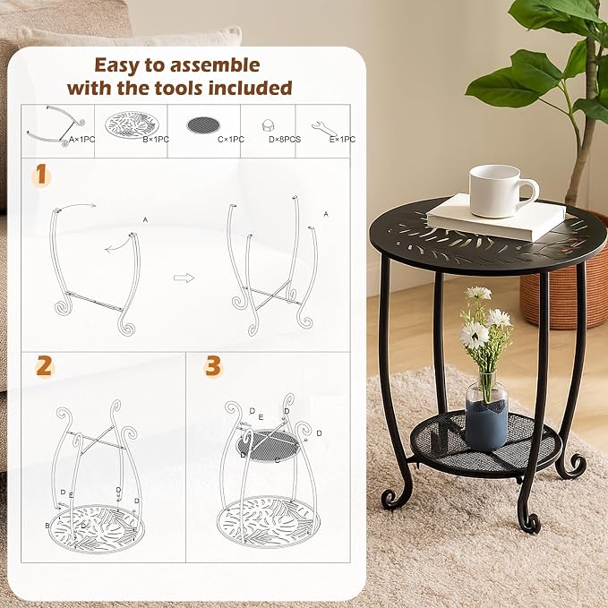 2-Tier Metal Round Side Table Set of Two Black Accent Coffee Tables Small Space Corner Plant Stand Shelf for Indoor Outdoor Porch Patio Balcony Living Room End Table with Storage Weather-Resistant