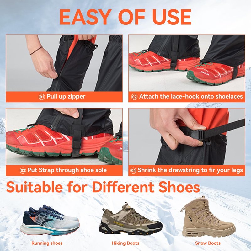 OrrinSports Gators for Hiking Boots with Upgraded Zipper Gaiters for Hiking Snow Waterproof Lightweight Leg Gaiters for Men Women Medium