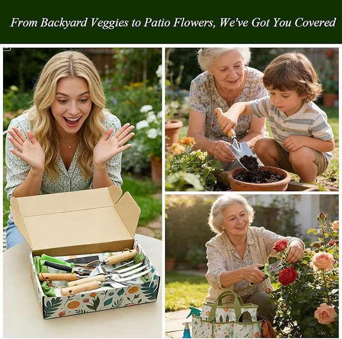 VerdantVibes 10-Piece Garden Tool Set - Heavy Duty Stainless Steel Gardening Kit with Wood Handle, Pruners & Vegetable Print Tote Bag - Unique Gardening Gifts for Women Mom Grandma