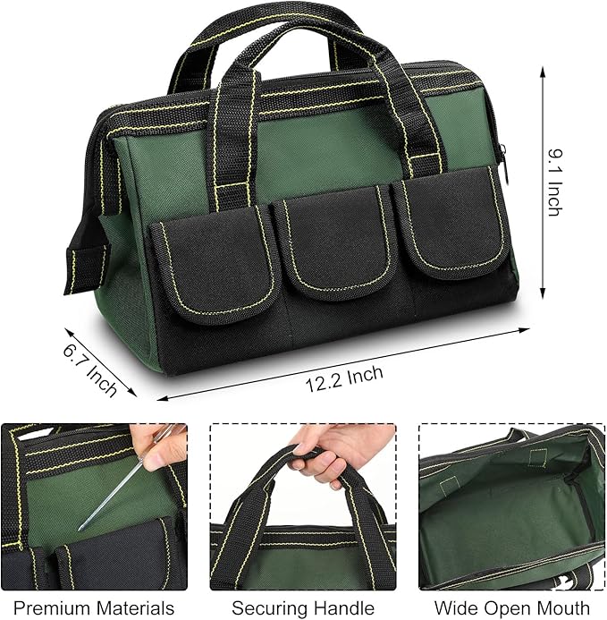 Sanwuta 3 Pack Tool Bag for Men with Waterproof Hard Bottom, Heavy Duty Tool Bag Wide Mouth Tote for Various Instrument, Electrician Carpenter Mechanic(Red, Army Green, Blue,13 Inch,Classic)