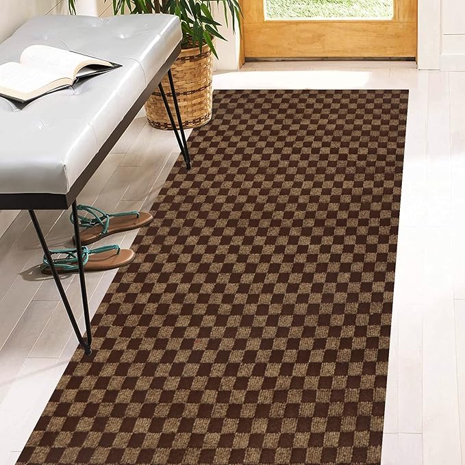4' x 17' Runner Rugs with Rubber Backing, Indoor Outdoor Utility Carpet Runner Rugs, Checkered Brown, Can Be Used as Aisle for The RV and Boat, Laundry Room and Balcony