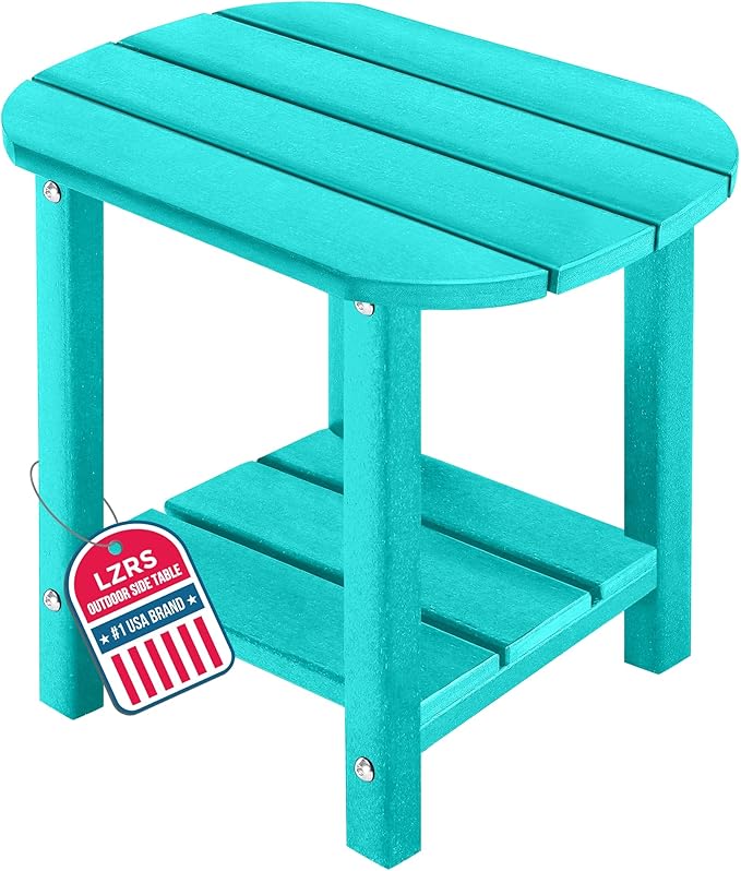 LZRS 2-Tier Patio Side Table, Heavy Duty HDPE Outdoor End Table with Wood Texture, Weatherproof Composite Table for Adirondack Chairs, Deck, Pool, Indoor/Outdoor, No Peeling Cracking(Turquoise)