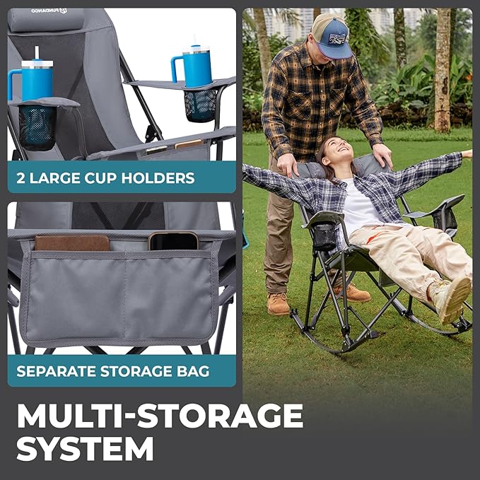 FUNDANGO Oversized Rocking Camping Chair for Adults, Portable Folding Lawn Chairs for Outside with Pillows, Wide Armrest, 2 Cup Holders, Carry Bag for Patio Garden Outdoor Supports 400Lbs (Grey)