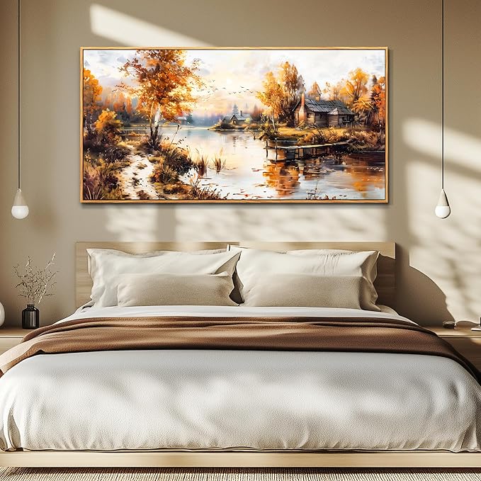 QIYILEXWART Large Wall Decor For Living Room Canvas Wall Art For Office Modern Wall Decorations For Bedroom Lakeside Cabins Autumn Landscape Painting Farmhouse Pictures Artwork Home Decor 24x48