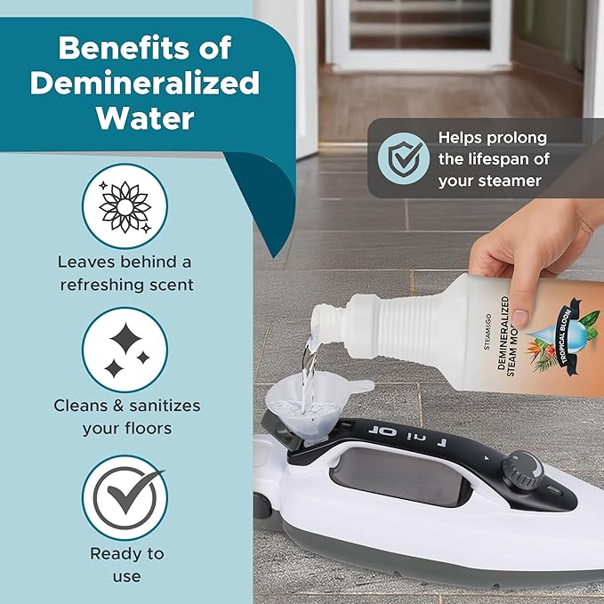 Steam & Go Demineralized Water for Steam Cleaner - PVC-Free Floor Cleaning Solution Compatible for All Steam Mops - Multi-Surface Cleaner for Home Surfaces - Tropical Bloom Scent, 32 oz (Pack of 12)