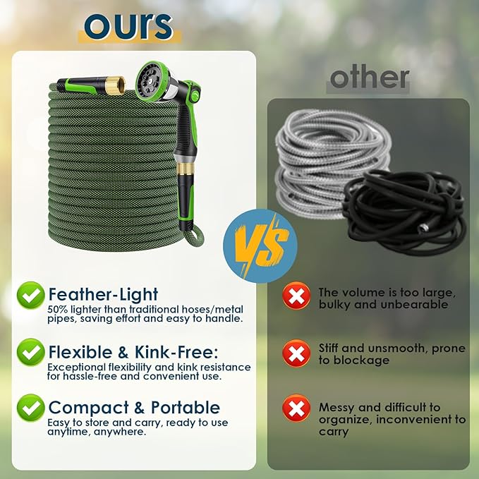 Non-Expandable Garden Hose 75 FT, Lightweight Hose with 10 Function Spray Nozzle, Kink-Free Flexible Water Hose, Durable, Leak-Proof, 360° Swivel Connectors, Portable Storage Strap