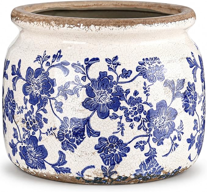 7.7" Large Vintage Ceramic Plant Pot Blue White Farmhouse Rose Crackle Glaze Rustic Flowers Planter Pot with Drainage for Indoor Outdoor Plants Kitchen Office Shelf Home Decor Gift