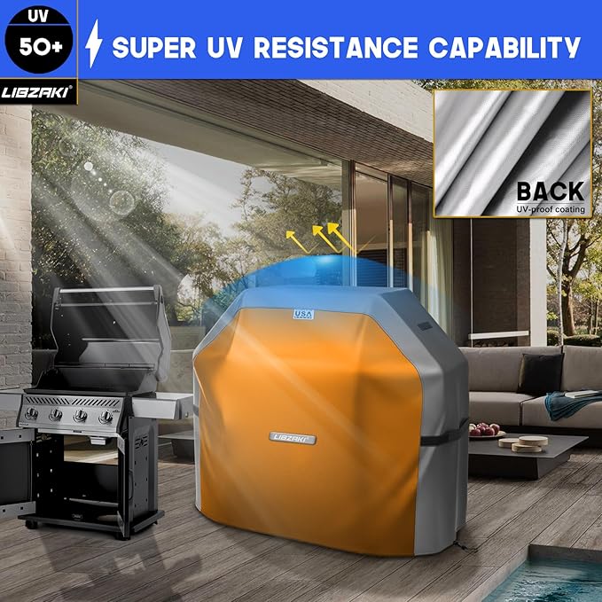 LIBZAKI Grill Cover 420D Waterproof, Weather Resistant, Rip-Proof, Anti-UV, Fade Resistant,Gas Grill Cover for Weber,Char Broil,Nexgrill Grills, etc.58 inches-Gray/Orange