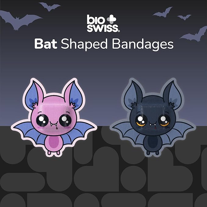BioSwiss Kids Bandages, Halloween Bat Shaped Self Adhesive Bandage Set, Latex Free, Sterile Wound Care, 24 Count