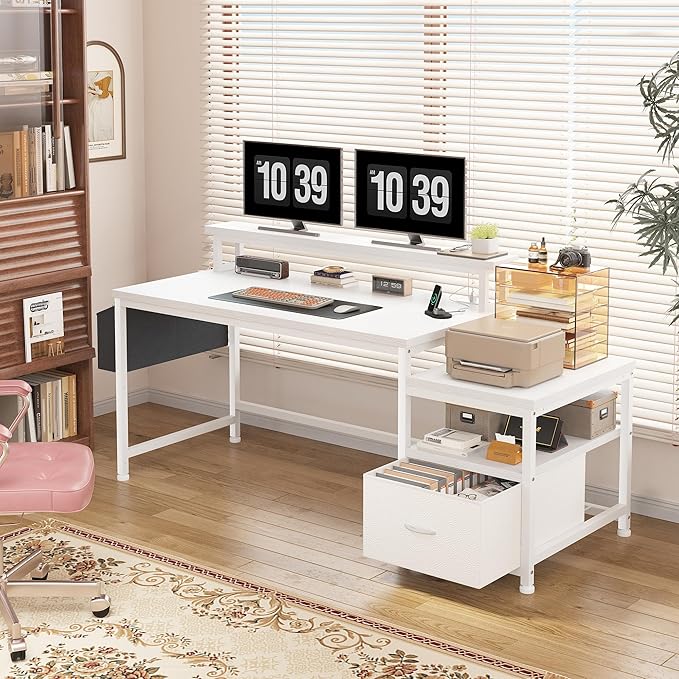 EnHomee 57" Office Desk with Drawers and Printer Space,Computer Desk with Power Outlets,Home Office Desks with File Drawers Cabinet,Study Writing and Gaming Desk with Shelves Monitor Stand,White
