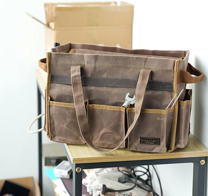 Canvas Tool Tote Bag, Heavy Duty 16oz Waxed Canvas Tool Pouch with Metal Zipper & 12-Pocket | Multi-Purpose Garden Tool Storage Carrier for Gardener Craftsman Contractor | Brownish Grey