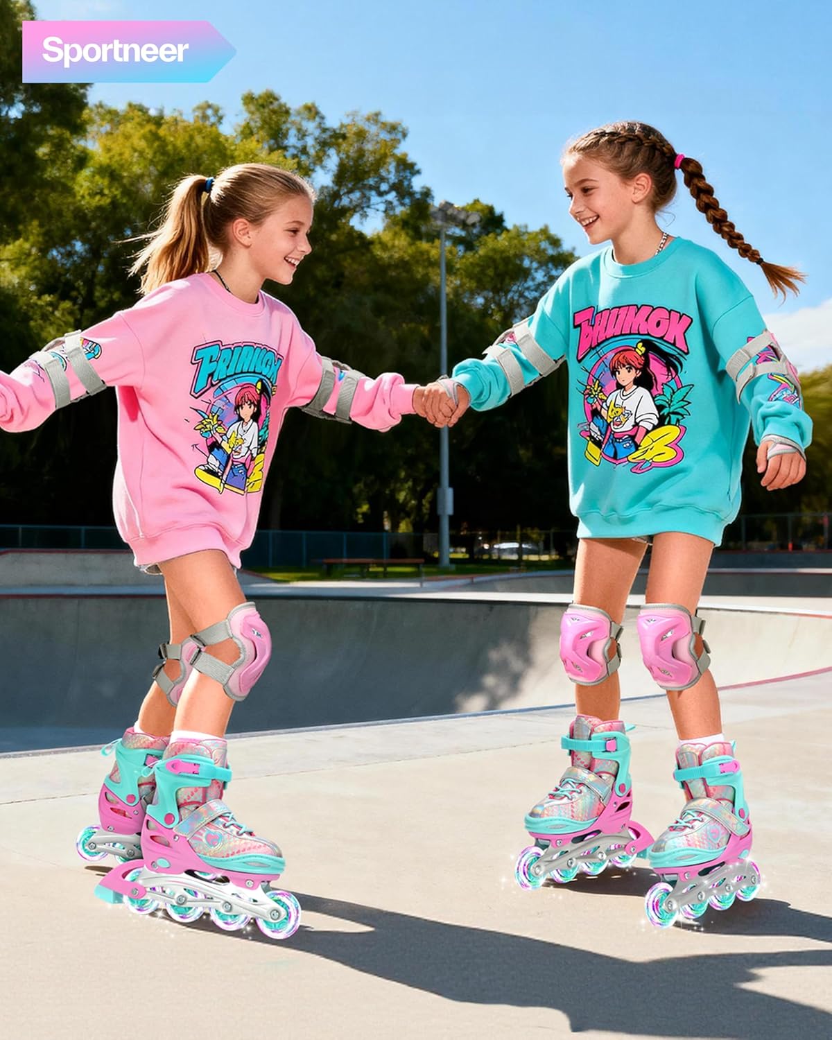 Sportneer Adjustable Inline Skates for Girls | Light-Up Wheels & Protective Gear Set | Sizes 12C-9
