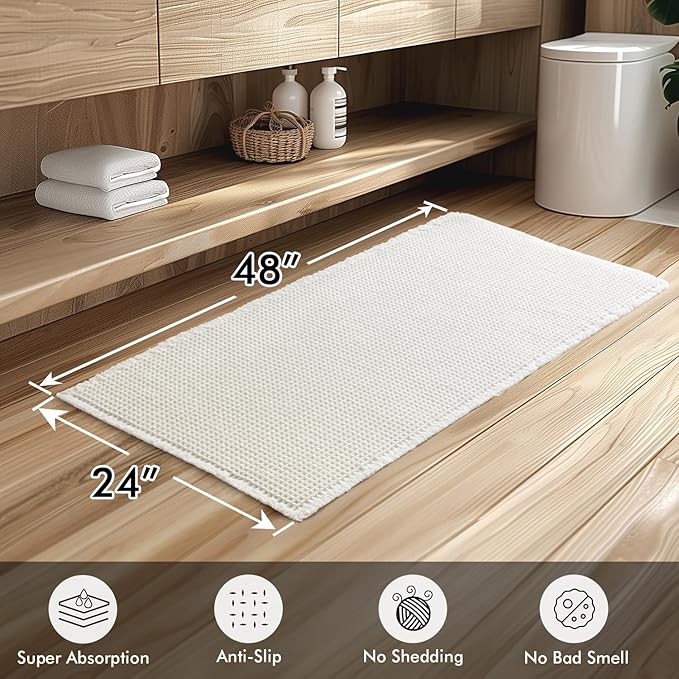 MIULEE Set of 2 Waffle Bathroom Runner Rugs, Boho Bath Rugs Non Slip Washable, Super Absorbent Runner Bath Mats, Rubber Backed Shower Mats for Hallway Bedroom Laundry Room, White, 2'x4'(24x48 Inch)