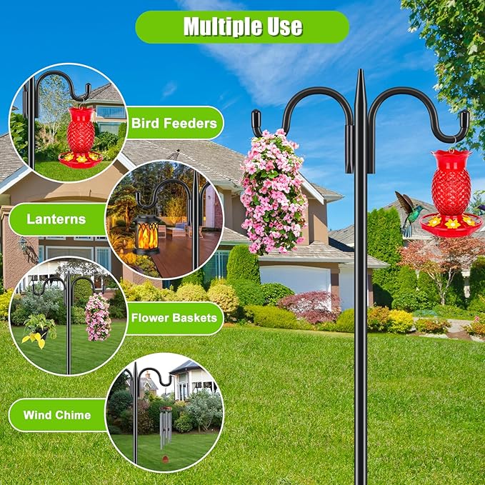 Gtongoko Bird Feeder Pole for Outdoors Heavy Duty, 77 Inch Double Shepherds Hook with 5-Prong Stable Base, 3/4 Inch Thick Hummingbird Feeder Stand for Hanging Plants, Lanterns, 1 Pack